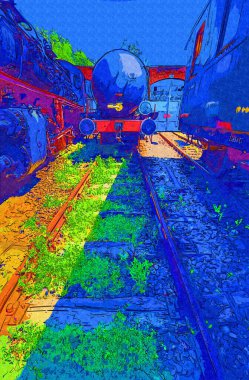 Farklı türde eski lokomotifler, tren, fotoğraf, paslı, vagon, sanat, illüstrasyon, çizim, eskiz, antika, antika, antika, antika.