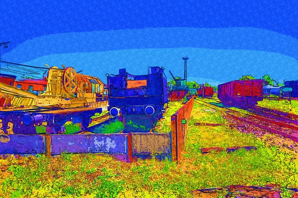 Grúa Ferroviaria Fotografía Oxidado Vagón Tren Arte Ilustración Dibujo Boceto — Foto de Stock