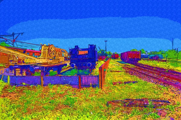 Eisenbahnkran Fotografie Rostig Wagen Zug Kunst Illustration Zeichnung Skizze Antik — Stockfoto