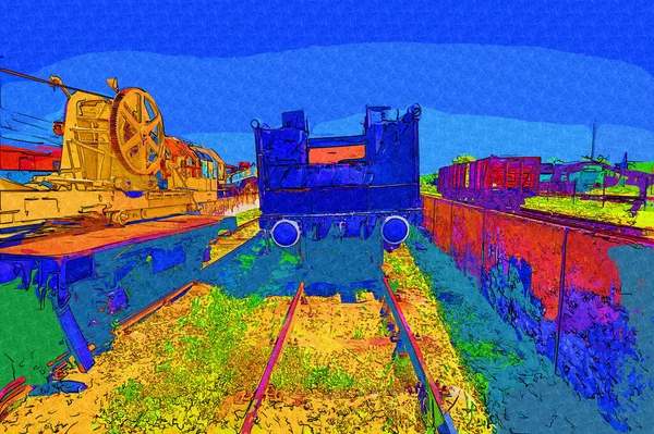 Σιδηροδρομικός Γερανός Φωτογραφία Σκουριασμένο Βαγόνι Τρένο Τέχνη Εικονογράφηση Σχέδιο Σκίτσο — Φωτογραφία Αρχείου