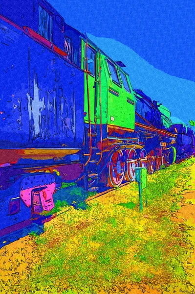 Вугілля Поїзд Локомотив Паровоз Фотографія Іржавий Універсал Поїзд Мистецтво Ілюстрація — стокове фото