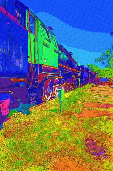 Szén Vonat Mozdony Gőz Fotózás Rozsdás Kocsi Vonat Művészet Illusztráció — Stock Fotó