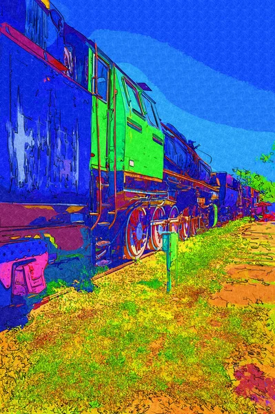 Вугілля Поїзд Локомотив Паровоз Фотографія Іржавий Універсал Поїзд Мистецтво Ілюстрація — стокове фото
