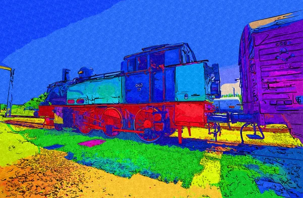 Küçük Lokomotif Buhar Fotoğrafçılık Paslı Vagon Tren Sanat Illüstrasyon Çizim — Stok fotoğraf