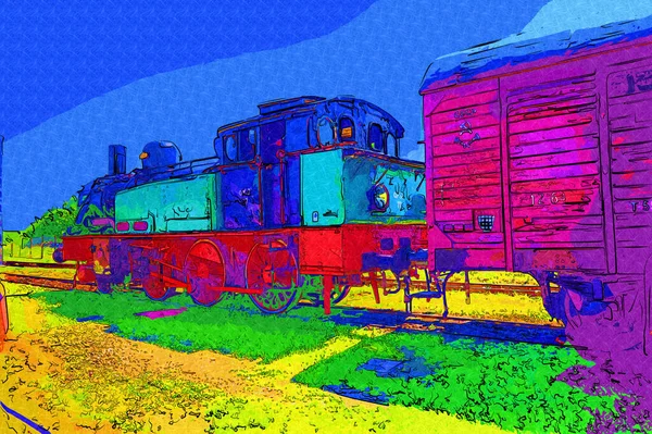 Piccola Locomotiva Vapore Fotografia Arrugginito Carro Treno Arte Illustrazione Disegno — Foto Stock