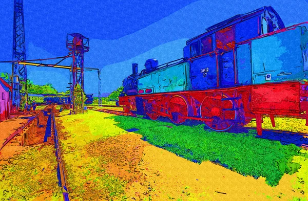 Pequeña Locomotora Vapor Fotografía Oxidado Vagón Tren Arte Ilustración Dibujo — Foto de Stock