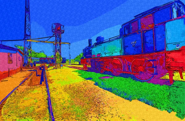 Pequeña Locomotora Vapor Fotografía Oxidado Vagón Tren Arte Ilustración Dibujo —  Fotos de Stock