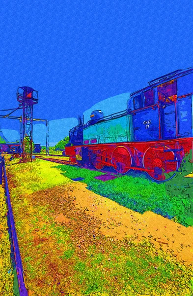Malá Lokomotiva Pára Fotografie Rezavý Vůz Vlak Umění Ilustrace Kresba — Stock fotografie