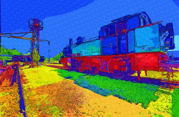 Piccola Locomotiva Vapore Fotografia Arrugginito Carro Treno Arte Illustrazione Disegno — Foto Stock