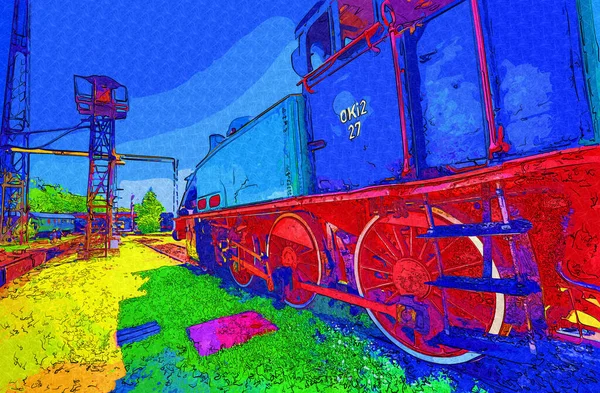 Pequeña Locomotora Vapor Fotografía Oxidado Vagón Tren Arte Ilustración Dibujo —  Fotos de Stock