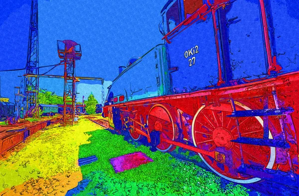 Locomotiva Pequena Vapor Fotografia Enferrujado Vagão Trem Arte Ilustração Puxando — Fotografia de Stock