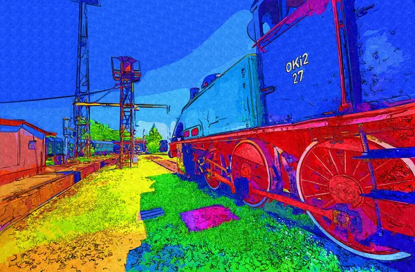 Pequeña Locomotora Vapor Fotografía Oxidado Vagón Tren Arte Ilustración Dibujo — Foto de Stock