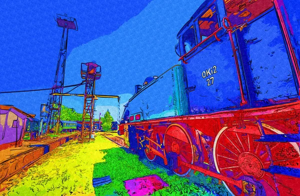 Kleine Lokomotive Dampf Fotografie Rostig Waggon Zug Kunst Illustration Zeichnung — Stockfoto