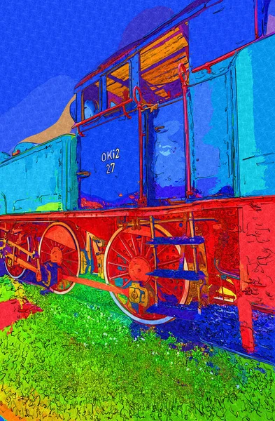 Piccola Locomotiva Vapore Fotografia Arrugginito Carro Treno Arte Illustrazione Disegno — Foto Stock