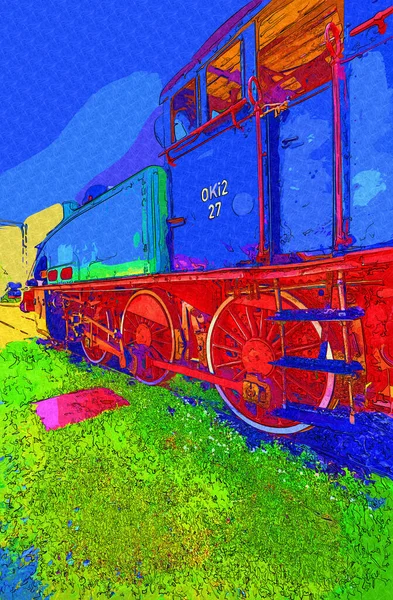 Piccola Locomotiva Vapore Fotografia Arrugginito Carro Treno Arte Illustrazione Disegno — Foto Stock