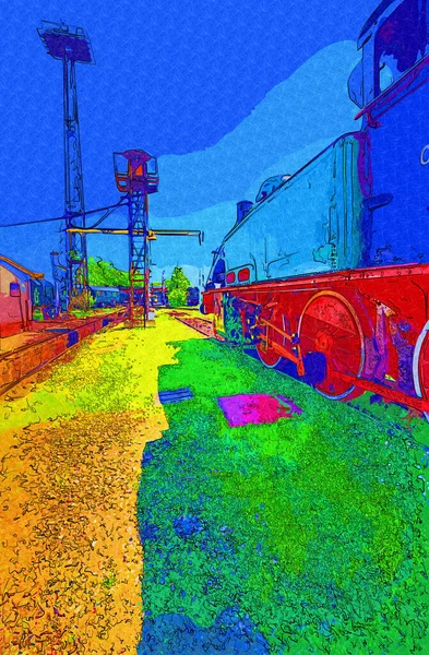 Pequeña Locomotora Vapor Fotografía Oxidado Vagón Tren Arte Ilustración Dibujo —  Fotos de Stock