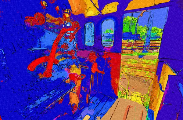 Buhar Trenindeki Makine Odası Fotoğrafçılık Paslı Vagon Sanat Illüstrasyon Çizim — Stok fotoğraf