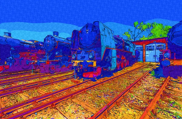 Diferentes Tipos Locomotoras Antiguas Tren Fotografía Oxidado Vagón Arte Ilustración — Foto de Stock