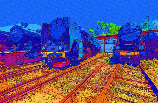 Különböző Típusú Régi Mozdonyok Vonat Fotózás Rozsdás Kocsi Művészet Illusztráció — Stock Fotó