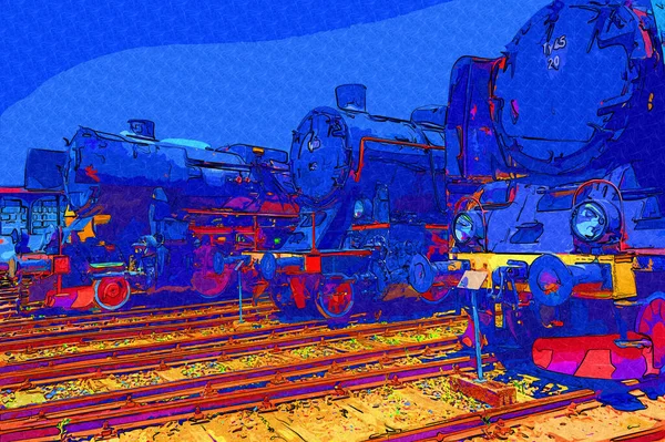 Diferentes Tipos Locomotoras Antiguas Tren Fotografía Oxidado Vagón Arte Ilustración — Foto de Stock