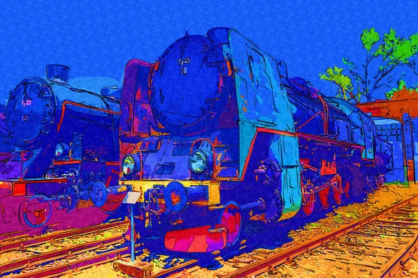 Tipo Diferente Locomotivas Velhas Trem Fotografia Enferrujado Vagão Arte Ilustração — Fotografia de Stock