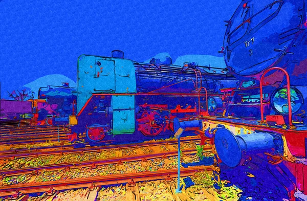 Diferentes Tipos Locomotoras Antiguas Tren Fotografía Oxidado Vagón Arte Ilustración —  Fotos de Stock