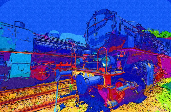 Diferentes Tipos Locomotoras Antiguas Tren Fotografía Oxidado Vagón Arte Ilustración — Foto de Stock