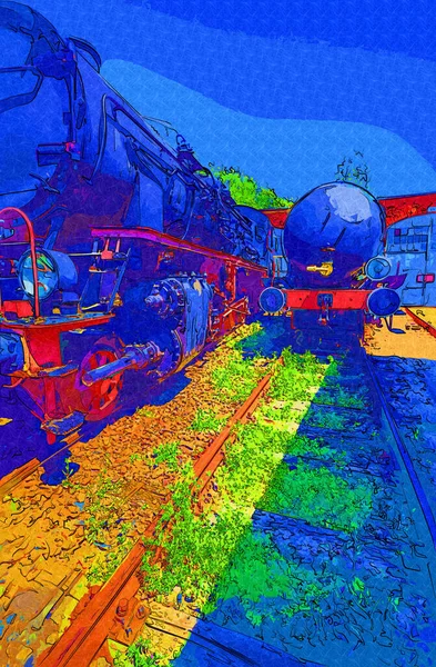 Diferentes Tipos Locomotoras Antiguas Tren Fotografía Oxidado Vagón Arte Ilustración —  Fotos de Stock