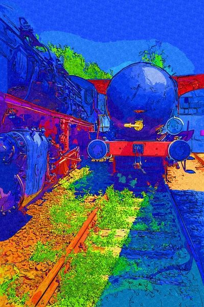 Diferentes Tipos Locomotoras Antiguas Tren Fotografía Oxidado Vagón Arte Ilustración — Foto de Stock