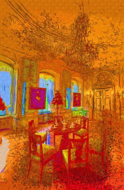 Klasik iç mekanlı klasik mobilyalar, ortaçağ tarihi sanat illüstrasyonu antika eskiz