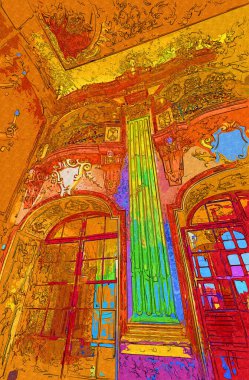 Klasik iç mekanlı klasik mobilyalar, ortaçağ tarihi sanat illüstrasyonu antika eskiz