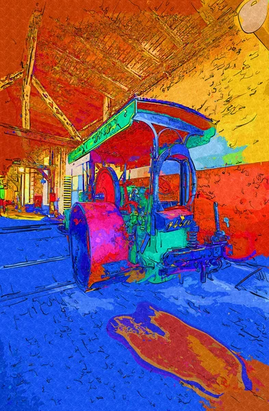 Oude Stoomtractor Trein Fotografie Roestig Wagen Kunst Illustratie Tekening Schets — Stockfoto