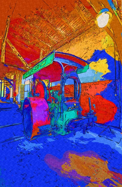 Régi Gőz Traktor Vonat Fotózás Rozsdás Kocsi Művészet Illusztráció Rajz — Stock Fotó