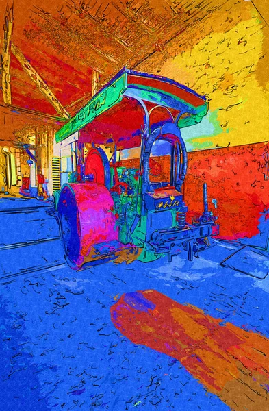 Viejo Tractor Vapor Tren Fotografía Oxidado Carro Arte Ilustración Dibujo — Foto de Stock