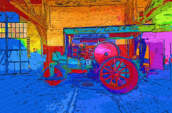 Vieux Tracteur Vapeur Train Photographie Rouillé Chariot Art Illustration Dessin — Photo