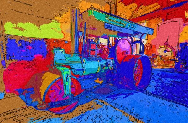 Viejo Tractor Vapor Tren Fotografía Oxidado Carro Arte Ilustración Dibujo —  Fotos de Stock