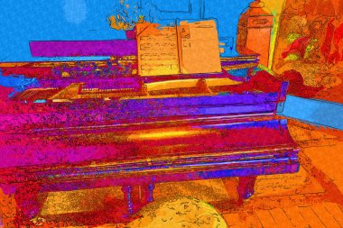 Beyaz klasik odada siyah kuyruklu piyano, iç mekan, eski, ortaçağ tarihi sanat illüstrasyonu antika eskiz