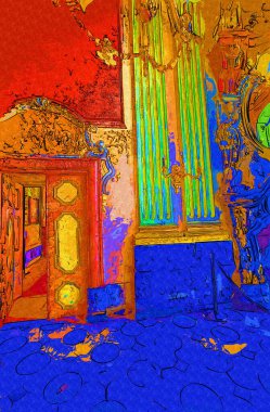 Şatafatlı iç tasarım oturma odası ve şömine güzel bir saray, iç mekan, eski, ortaçağ tarihi sanat illüstrasyonu antika eskiz.