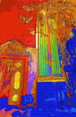 Şatafatlı iç tasarım oturma odası ve şömine güzel bir saray, iç mekan, eski, ortaçağ tarihi sanat illüstrasyonu antika eskiz.