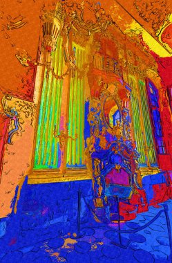 Şatafatlı iç tasarım oturma odası ve şömine güzel bir saray, iç mekan, eski, ortaçağ tarihi sanat illüstrasyonu antika eskiz.