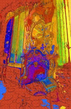 Şatafatlı iç tasarım oturma odası ve şömine güzel bir saray, iç mekan, eski, ortaçağ tarihi sanat illüstrasyonu antika eskiz.