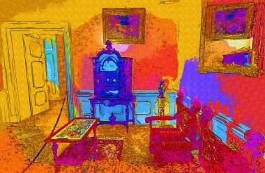 Kollu sandalyenin içi, ortaçağ tarihi sanat eserleri, antika eskizler.