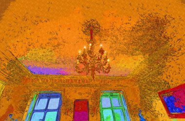 Eski dekoratif avize, ortaçağ tarihi sanat illüstrasyonu antika eskiz