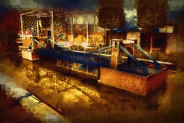 Köprülerin havadan görünüşü, Wrocaw nehri, Polonya, sanat illüstrasyonları antika eskizler