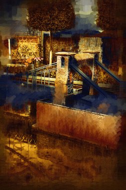 Köprülerin havadan görünüşü, Wrocaw nehri, Polonya, sanat illüstrasyonları antika eskizler