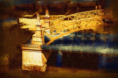 Wrocaw, zwierzyniecki köprüsü, Wrocaw nehri, Polonya, sanat illüstrasyonu antika eskiz