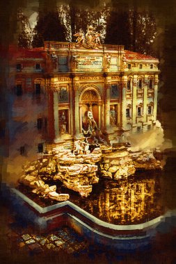 Fountain di Trevi, Roma. İtalya, sanat illüstrasyonu antika eskiz