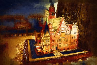 Belediyesi, Wroclaw, Polonya 'lı eski şehir meydanı, sanat illüstrasyonları antika eskizler