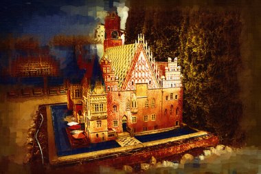Belediyesi, Wroclaw, Polonya 'lı eski şehir meydanı, sanat illüstrasyonları antika eskizler