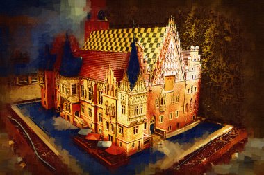 Belediyesi, Wroclaw, Polonya 'lı eski şehir meydanı, sanat illüstrasyonları antika eskizler